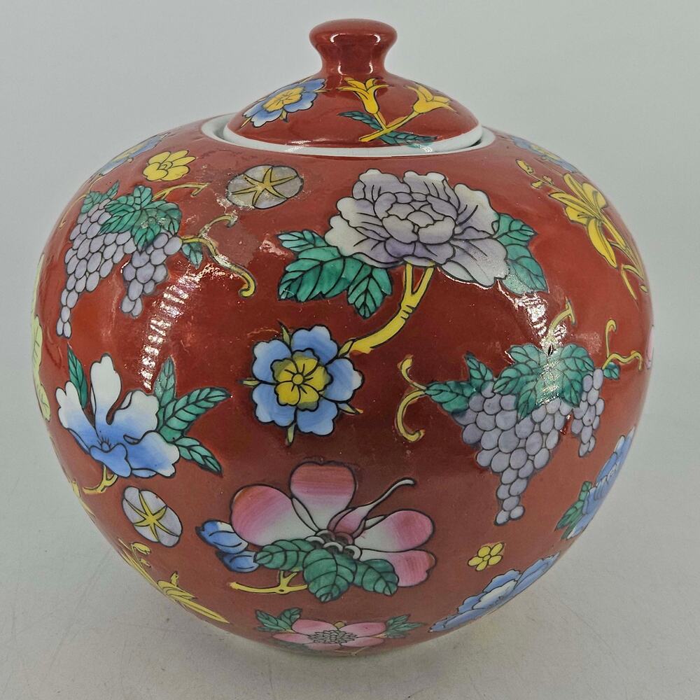 Mann China Blue porcelain ginger jar red ground polychrome floral design